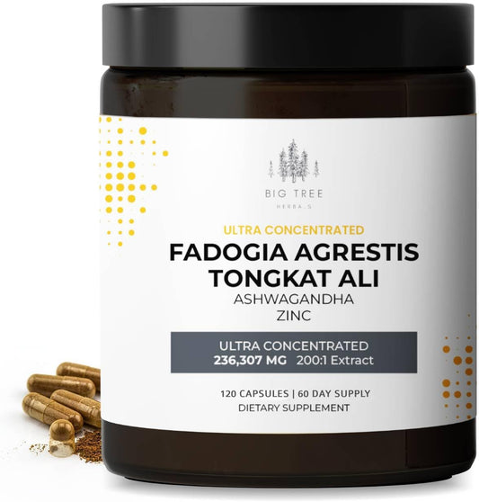 Fadogia Agrestis Extract Capsules with Tongkat Ali, Ashwagandha, Zinc - 236,307mg 200:1 Concentration - Energy & Muscle Support Dietary Supplement - 120 Capsules
