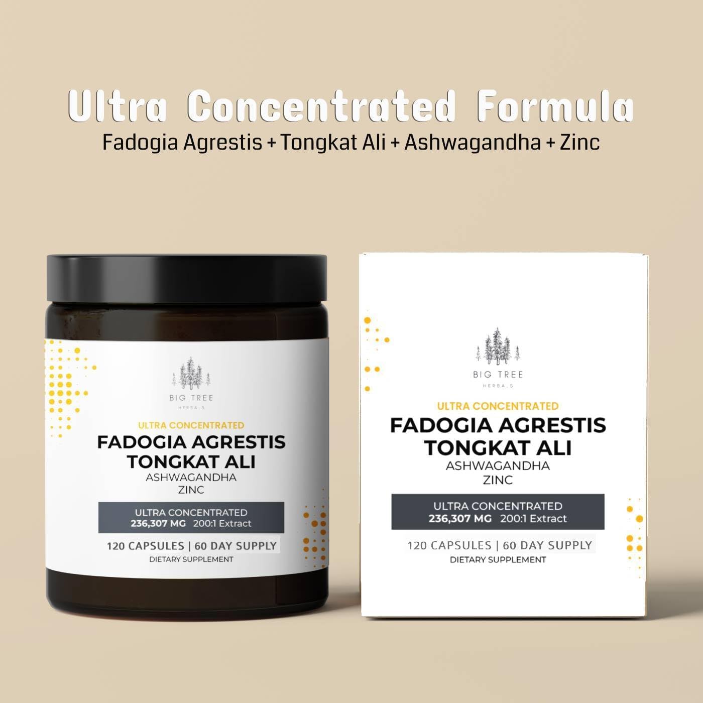 Fadogia Agrestis Extract Capsules with Tongkat Ali, Ashwagandha, Zinc - 236,307mg 200:1 Concentration - Energy & Muscle Support Dietary Supplement - 120 Capsules