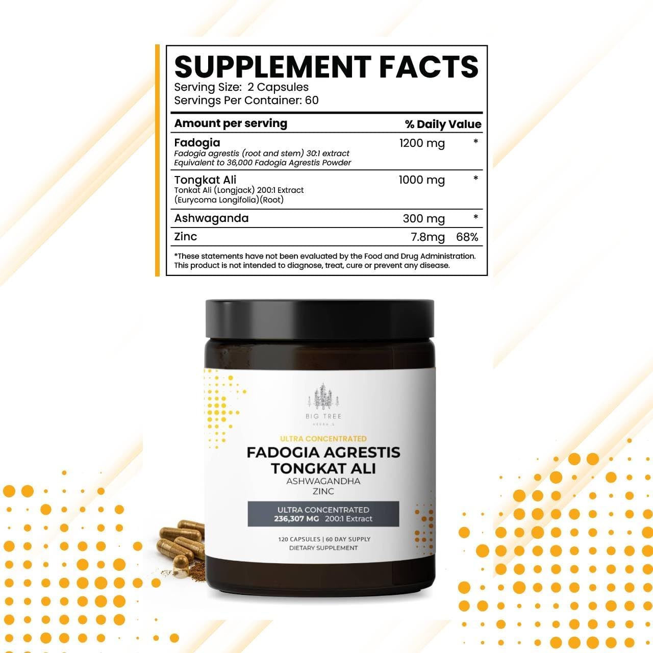 Fadogia Agrestis Extract Capsules with Tongkat Ali, Ashwagandha, Zinc - 236,307mg 200:1 Concentration - Energy & Muscle Support Dietary Supplement - 120 Capsules