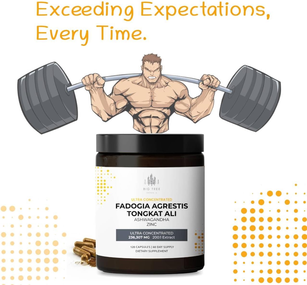 Fadogia Agrestis Extract Capsules with Tongkat Ali, Ashwagandha, Zinc - 236,307mg 200:1 Concentration - Energy & Muscle Support Dietary Supplement - 120 Capsules