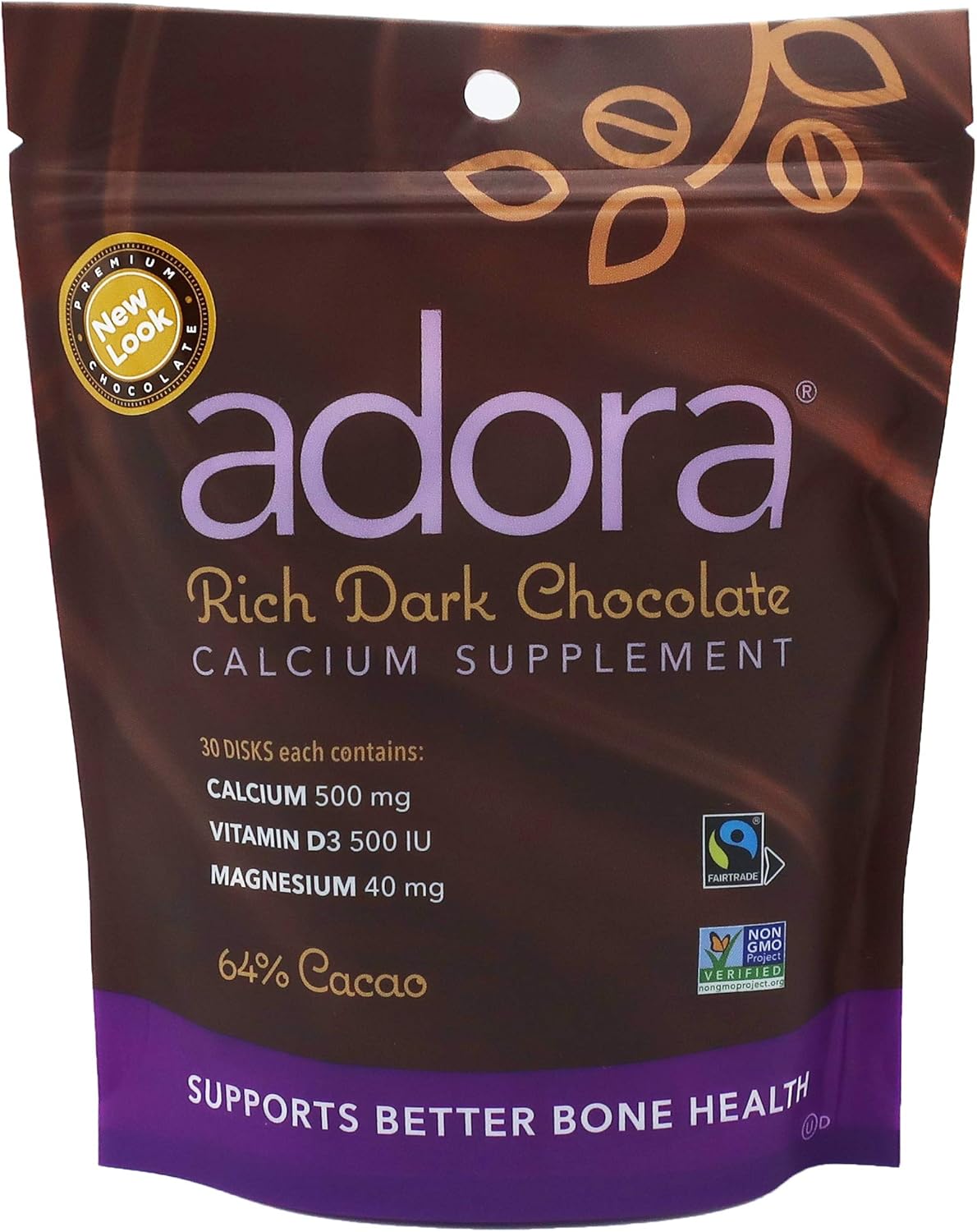Fairtrade Dark Chocolate Adora Calcium Supplement - 30 Count, Single Pack