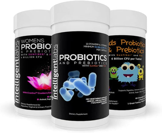 Family Bundle: Intelligent Labs 3-in-1 Probiotics with Prebiotics - 50 Billion CFU for Kids, Adults & Women - No Refrigeration, 2 Months Supply