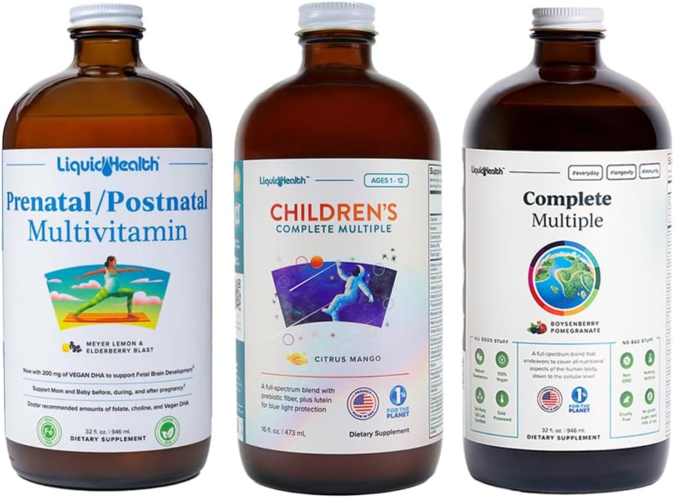 Family Wellness Bundle: LiquidHealth Prenatal & Postnatal Multivitamin, Adult & Children's Complete Multiple - Vegan & Non-GMO Formula for Overall Health & Wellness