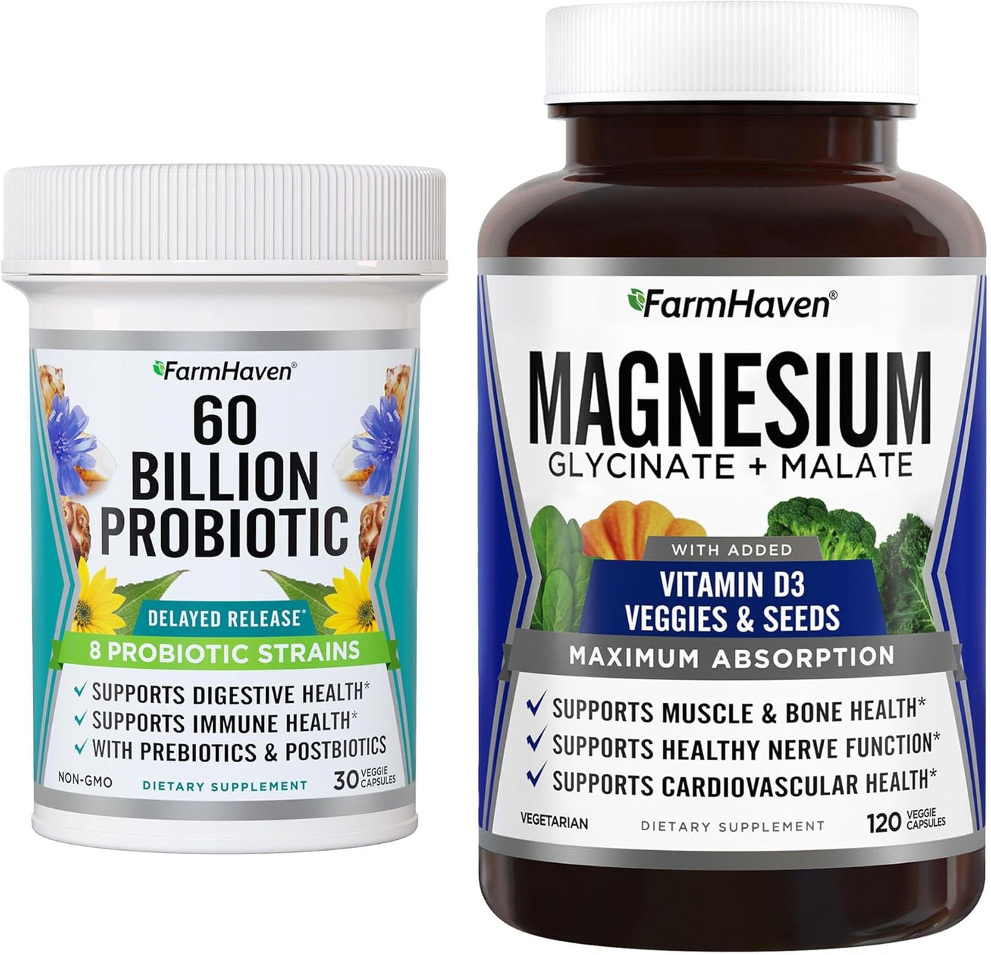 FarmHaven Magnesium Glycinate & Malate Complex with 60 Billion CFU Probiotic - Digestive Health Support