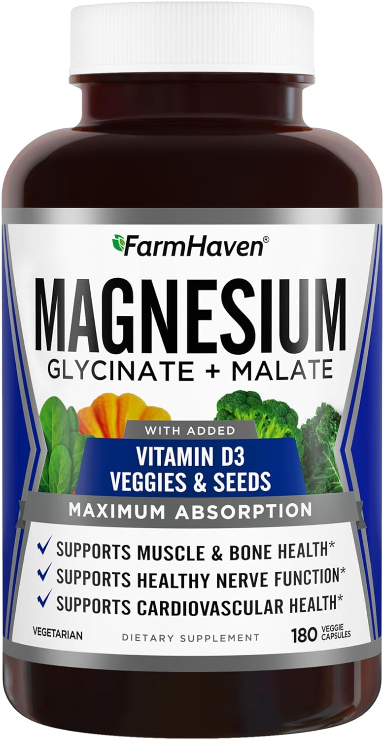 FarmHaven Magnesium Glycinate & Malate Complex with Vitamin D3 - Chelated for Max Absorption - Vegetarian - 180 Capsules - Supports Bone Health, Nerves, Muscles - 90 Day Supply