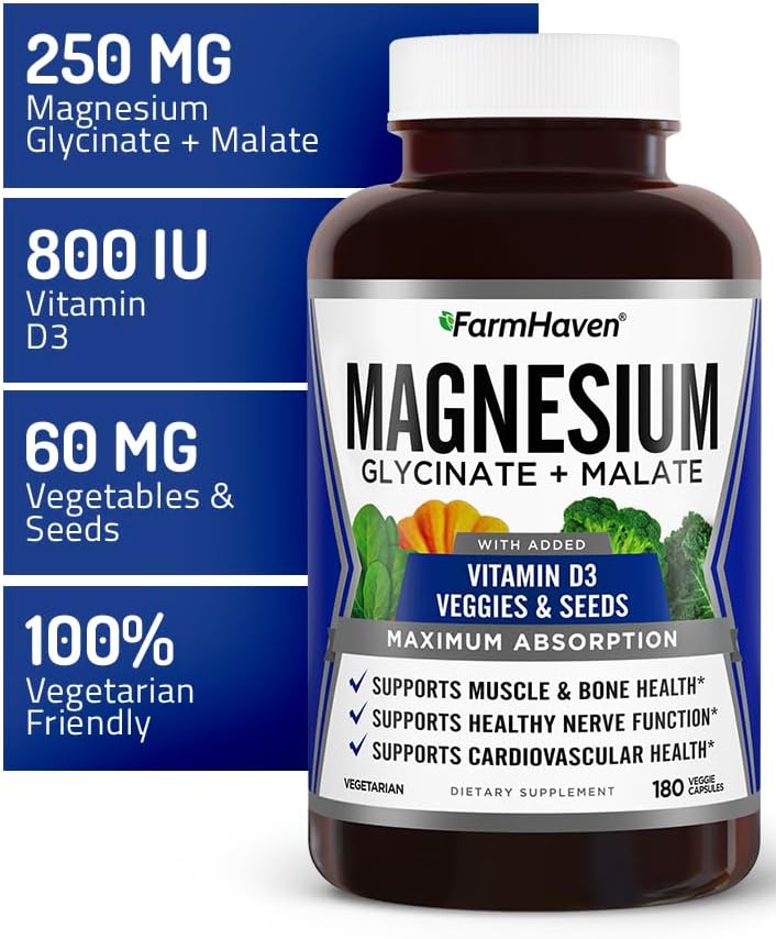 FarmHaven Magnesium Glycinate & Malate Complex with Vitamin D3 - Chelated for Max Absorption - Vegetarian - 180 Capsules - Supports Bone Health, Nerves, Muscles - 90 Day Supply