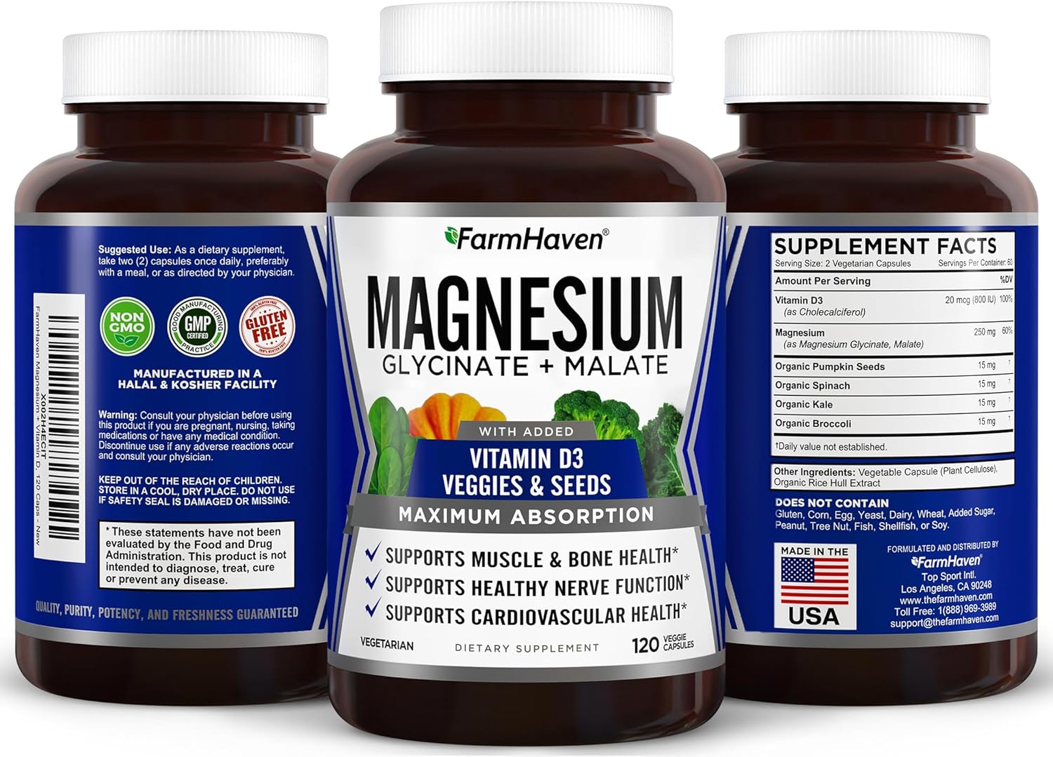 FarmHaven Magnesium Glycinate & Malate Complex with Vitamin D3 - 600 Capsules, Vegan, Chelated for Max Absorption - Supports Bone Health, Nerves, Muscles, 300 Days Supply