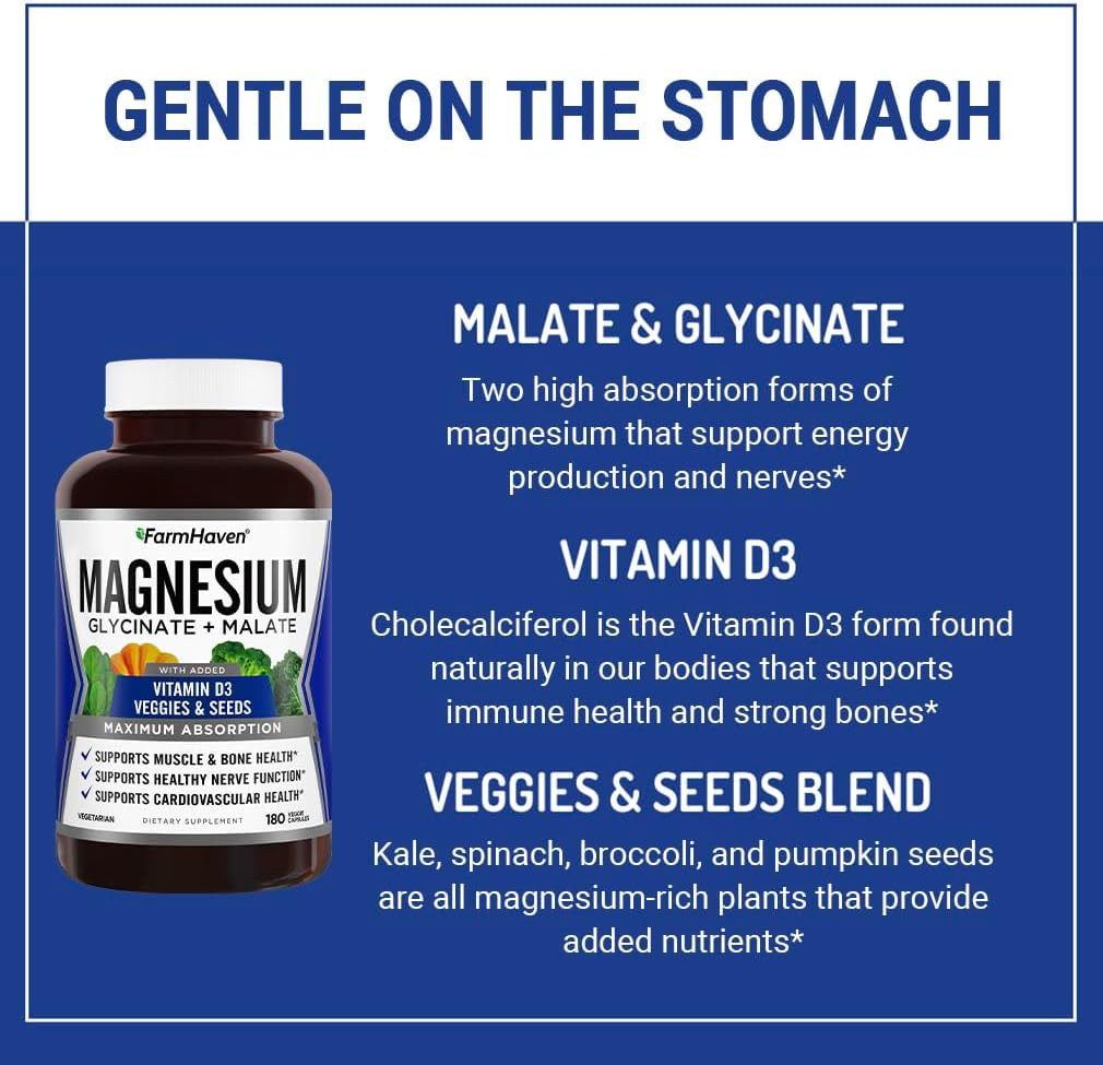 FarmHaven Magnesium Glycinate & Malate Complex with Vitamin D3 - Chelated for Max Absorption - Vegetarian - 180 Capsules - Supports Bone Health, Nerves, Muscles - 90 Day Supply