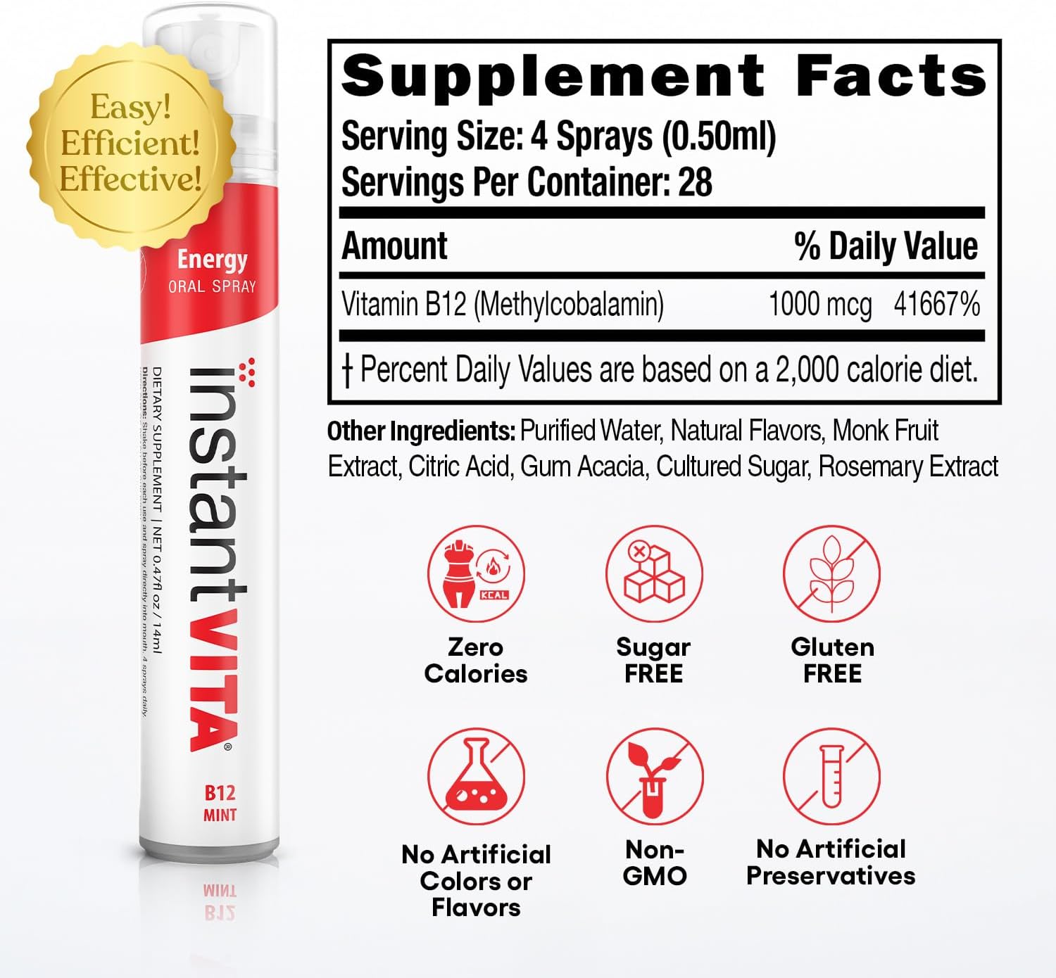 Fast-Absorbing Instantvita Vitamin B12 Oral Spray for Energy Boost - Mint Flavor, 1-Month Supply