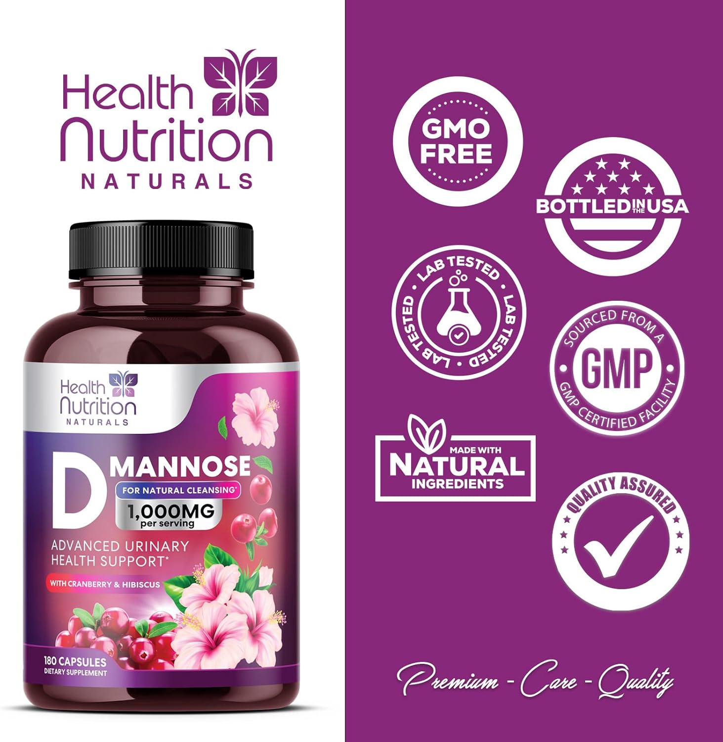 Fast-Acting D-Mannose & Cranberry Extract 1350mg for Urinary Tract Health - 180 Capsules, Non-GMO & Vegan