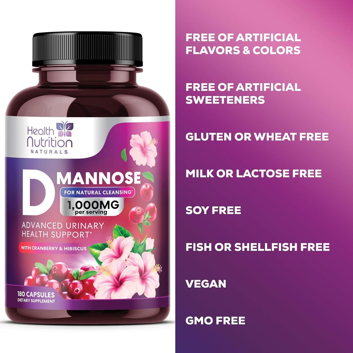 Fast-Acting D-Mannose & Cranberry Extract 1350mg for Urinary Tract Health - 180 Capsules, Non-GMO & Vegan