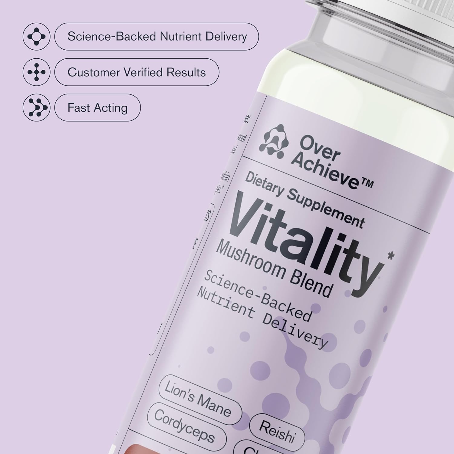 Fast-Acting Mushroom Supplement Drink for Adults - Vitality Blend with Cordyceps, Reishi, Chaga, Lion’s Mane, Ashwagandha - Chai Spice Flavor - 2 fl oz (12 Pack)