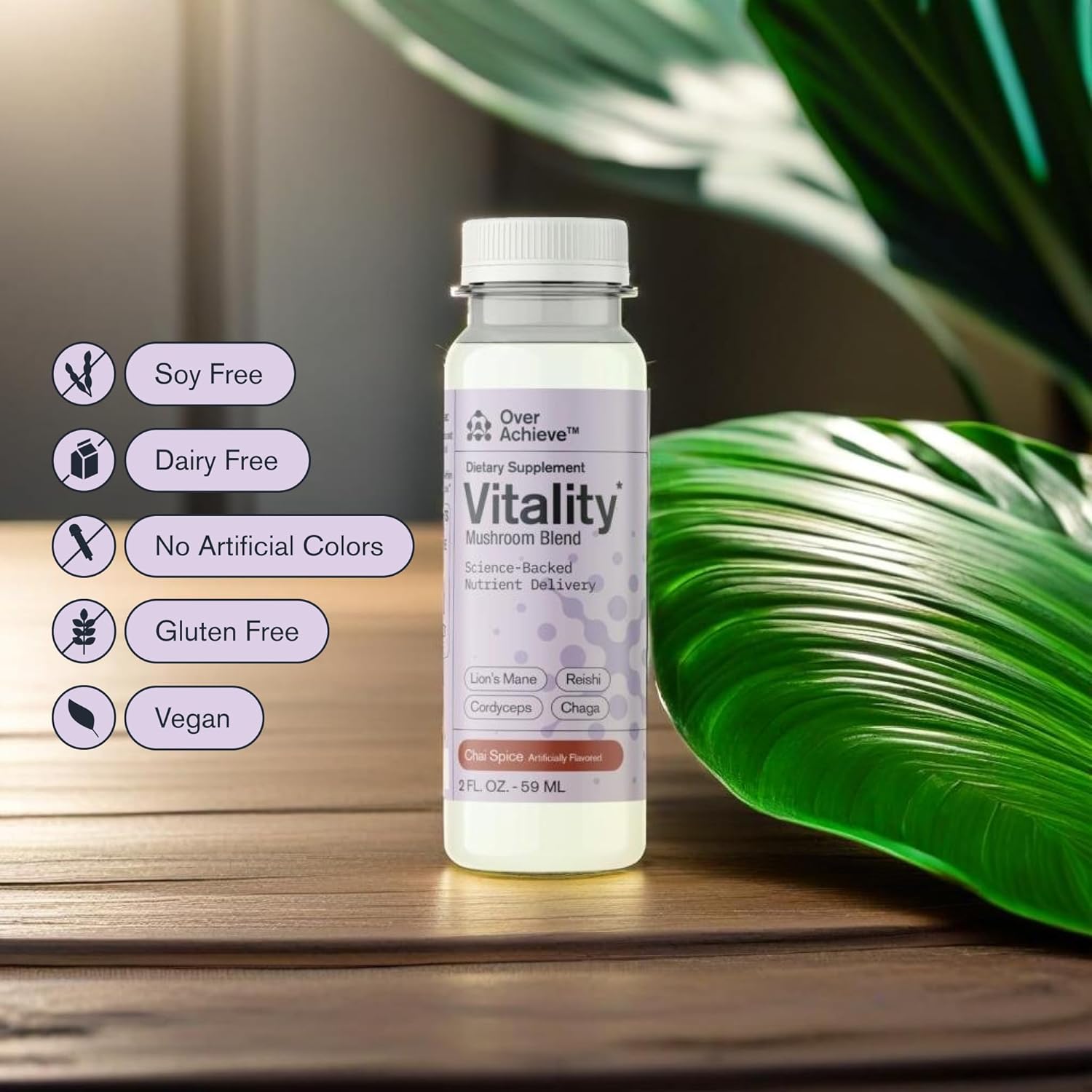 Fast-Acting Mushroom Supplement Drink for Adults - Vitality Blend with Cordyceps, Reishi, Chaga, Lion’s Mane, Ashwagandha - Chai Spice Flavor - 2 fl oz (12 Pack)