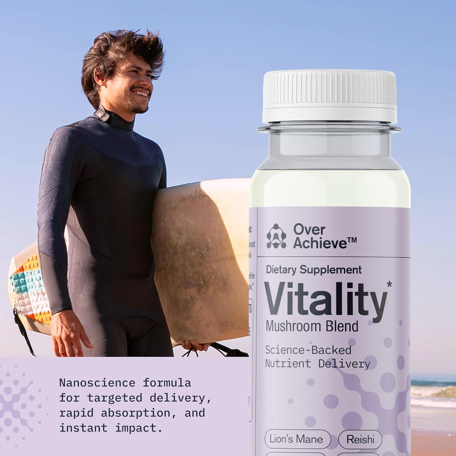 Fast-Acting Mushroom Supplement Drink for Adults - Vitality Blend with Cordyceps, Reishi, Chaga, Lion’s Mane, Ashwagandha - Chai Spice Flavor - 2 fl oz (12 Pack)