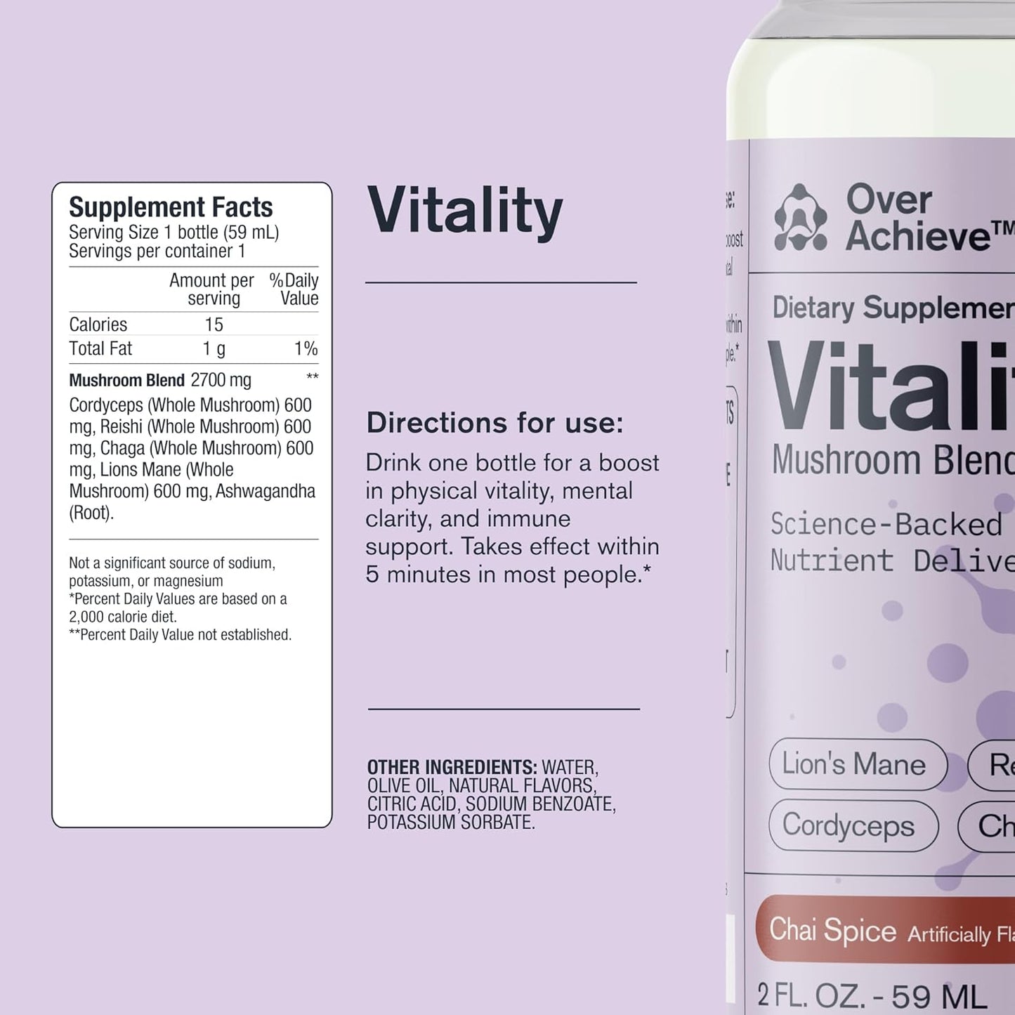 Fast-Acting Mushroom Supplement Drink for Adults - Vitality Blend with Cordyceps, Reishi, Chaga, Lion’s Mane, Ashwagandha - Chai Spice Flavor - 2 fl oz (12 Pack)