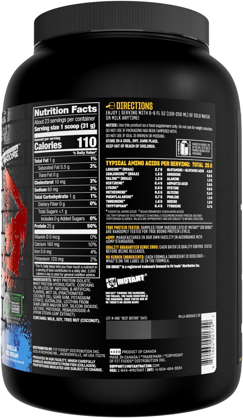 Fast-Acting Mutant ISO Surge Whey Protein Isolate Powder - 1.6 lb Vanilla Ice Cream Flavor - Recovery, Muscle Building, Bulk & Strength