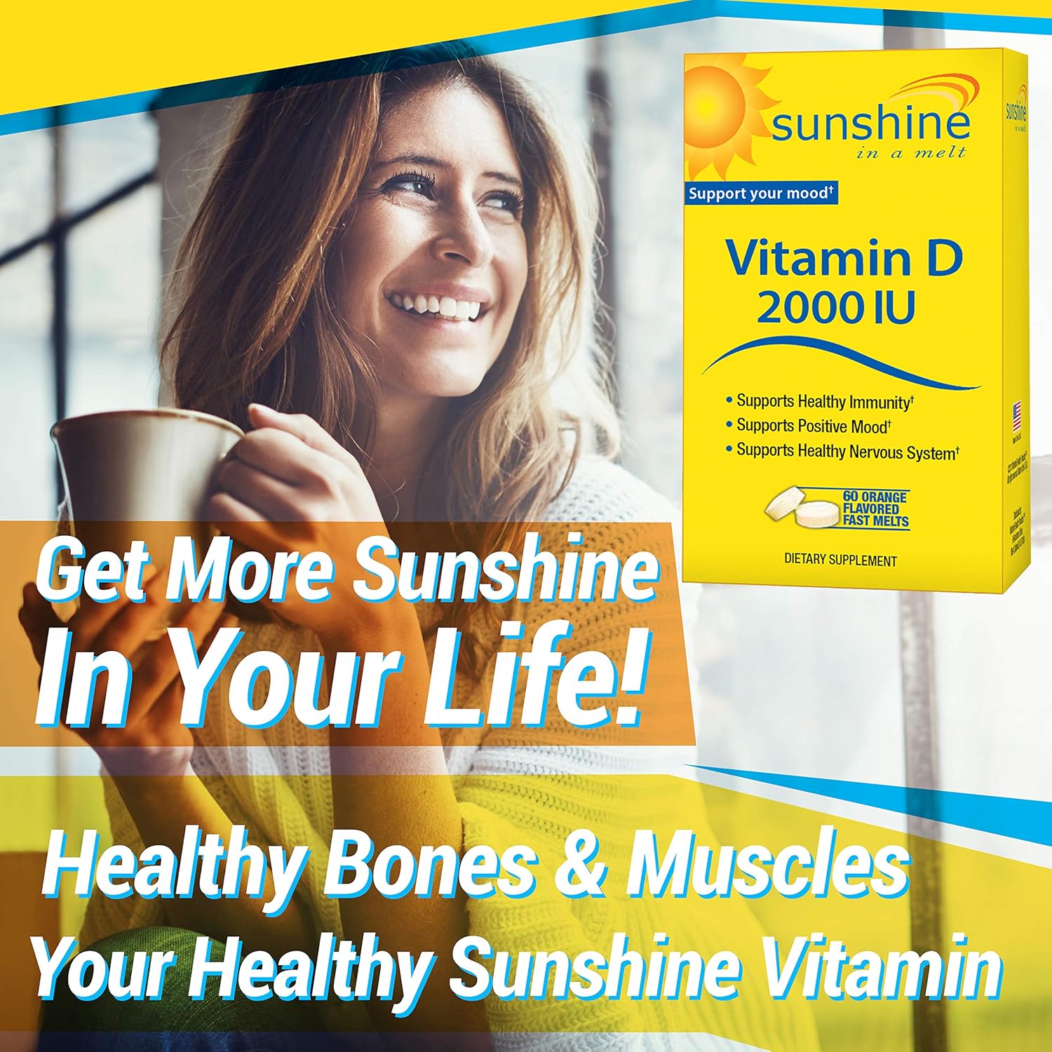 Fast-Acting Sunshine Vitamin D Quick Melts - 2,000 IU for Bone Health - 60 Servings