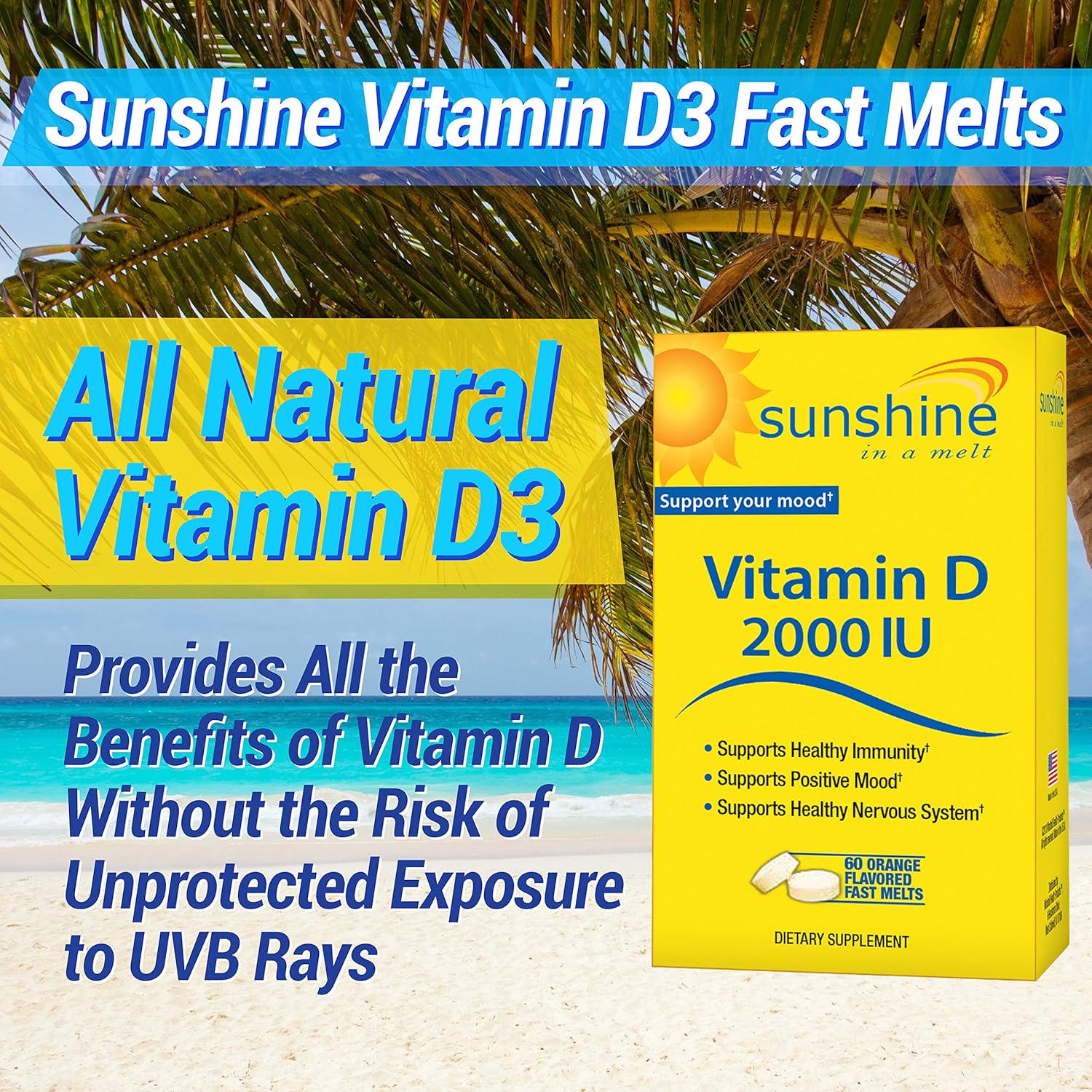 Fast-Acting Sunshine Vitamin D Quick Melts - 2,000 IU for Bone Health - 60 Servings