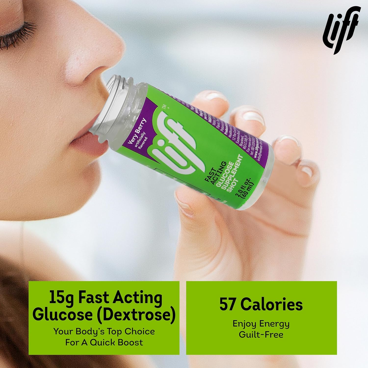 Fast-Acting Very Berry Glucose Energy Juice Shots, Caffeine-Free, 2.0 fl oz Bottles (Pack of 12)
