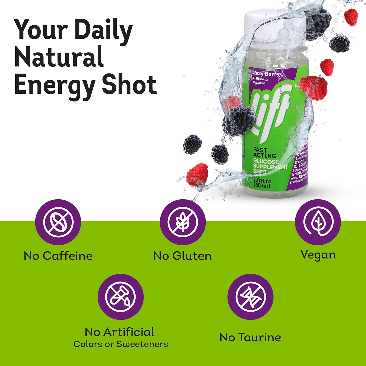 Fast-Acting Very Berry Glucose Energy Juice Shots, Caffeine-Free, 2.0 fl oz Bottles (Pack of 12)