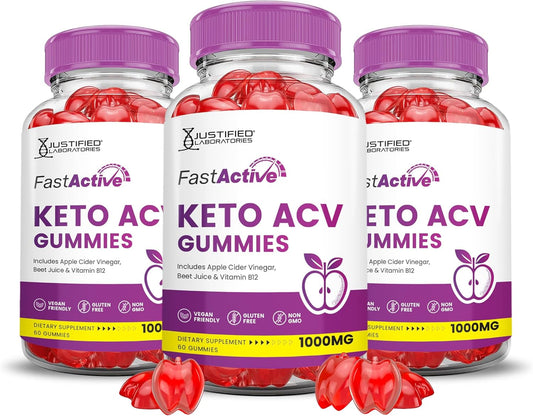 Fast Active Keto ACV Gummies (3 Pack) Apple Cider Vinegar with Pomegranate & Beet Juice - 1000MG, B12, Vegan, Non GMO - 180 Gummys
