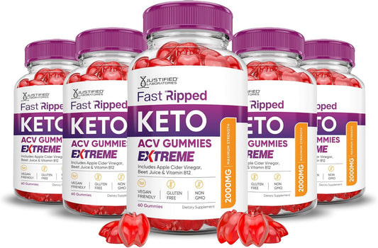 Fast Ripped Keto ACV Gummies - 5 Pack (2000MG) with Pomegranate Beet Juice Powder - Vegan & Non-GMO (300 Gummies)