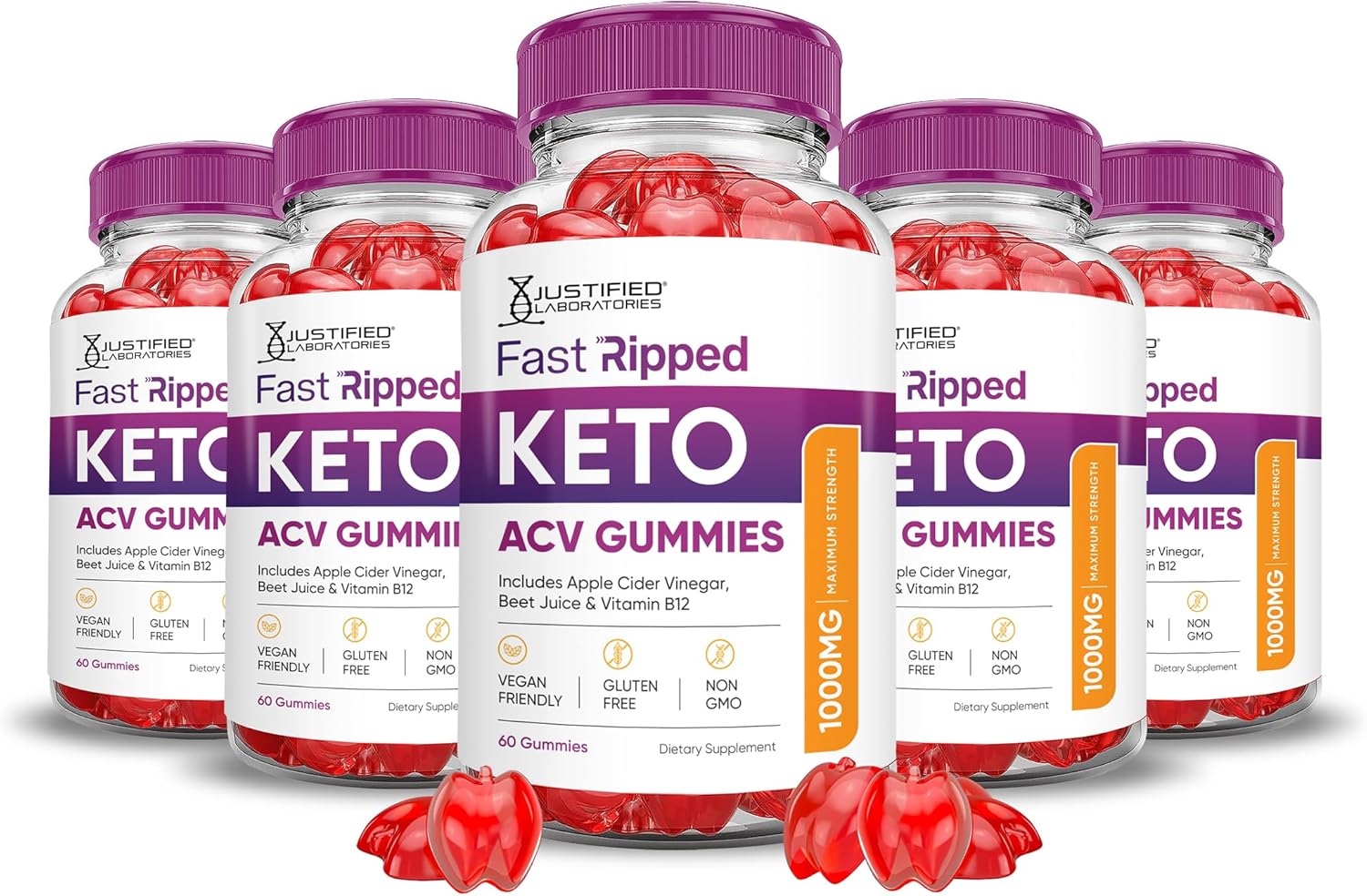 Fast Ripped Keto ACV Gummies - Justified Laboratories 5 Pack, Advanced Formula 1000MG with Pomegranate Beet Juice Powder, B12, Vegan & Non GMO - 300 Gummys