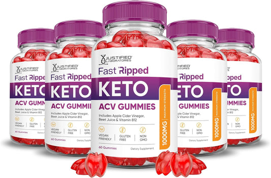 Fast Ripped Keto ACV Gummies - Justified Laboratories 5 Pack, Advanced Formula 1000MG with Pomegranate Beet Juice Powder, B12, Vegan & Non GMO - 300 Gummys
