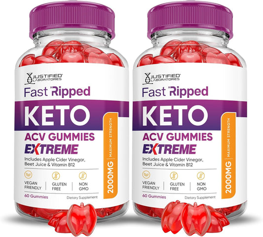 Fast Ripped Keto ACV Gummies (2 Pack) - 2000MG Extreme Strength with Pomegranate Beet Juice Powder - Vegan Non GMO 120 Gummies