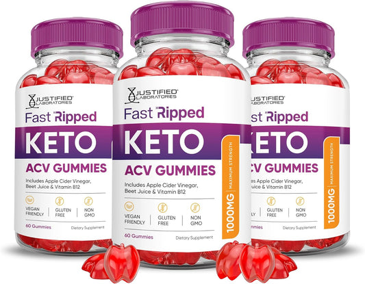 Fast Ripped Keto ACV Gummies (3 Pack) - Advanced Formula with Pomegranate & B12 - 1000MG - Vegan & Non GMO