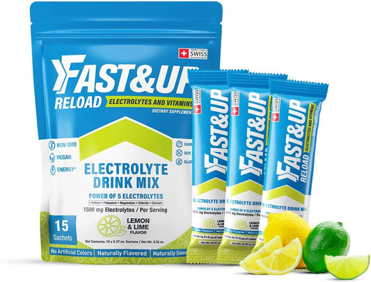 Fast&Up Reload Lemon Lime Electrolyte Drink Mix - Hydration Powder with Vitamins - 15 Packets