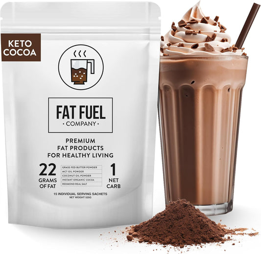 Fat Fuel Company Keto Cocoa: Premium Fats with Grass Fed Butter, MCT Oil, Coconut & Real Salt - Instant Organic Cocoa, One Net Carb - 15 Servings