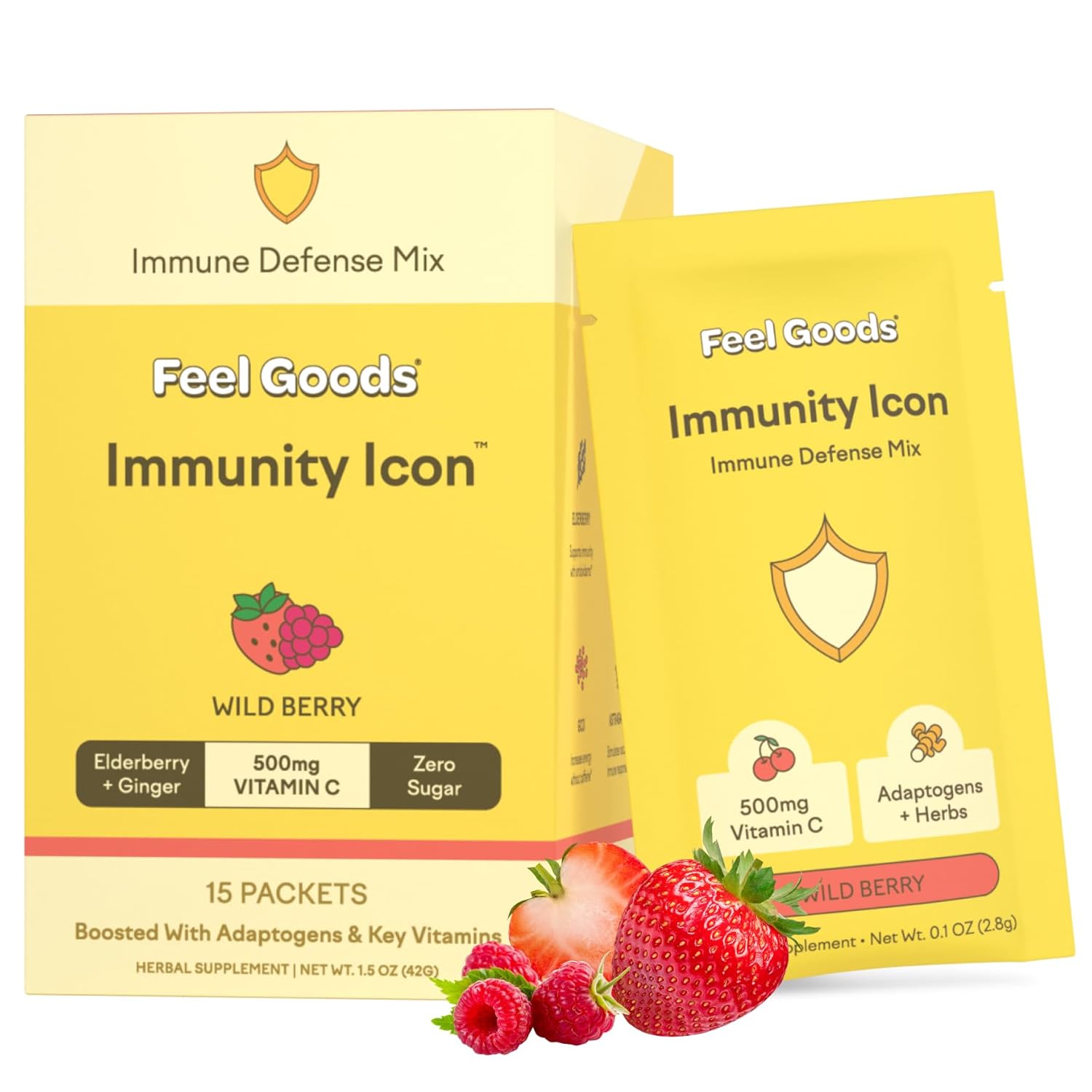 Feel Goods Immunity Boost Drink Mix Powder with Vitamin C, A, B, D, E & Zinc, Elderberry, Ashwagandha - Vegan, Non GMO, Caffeine & Gluten Free - Wild Berry Flavor, 15 Pack