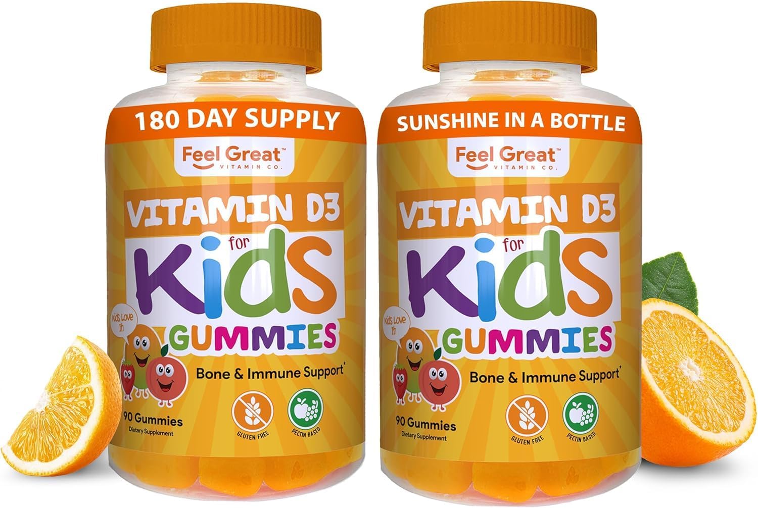 Feel Great Kids Vitamin D3 Gummies - Citrus Flavored Vegetarian Gummies for Healthy Bones & Immune Support - 1000 IU - 2 Pack