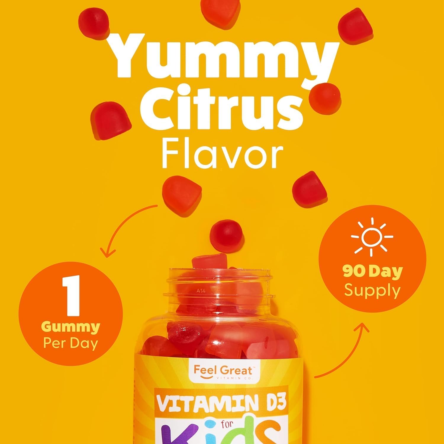 Feel Great Kids Vitamin D3 Gummies - Citrus Flavored Vegetarian Gummies for Healthy Bones & Immune Support - 1000 IU - 2 Pack