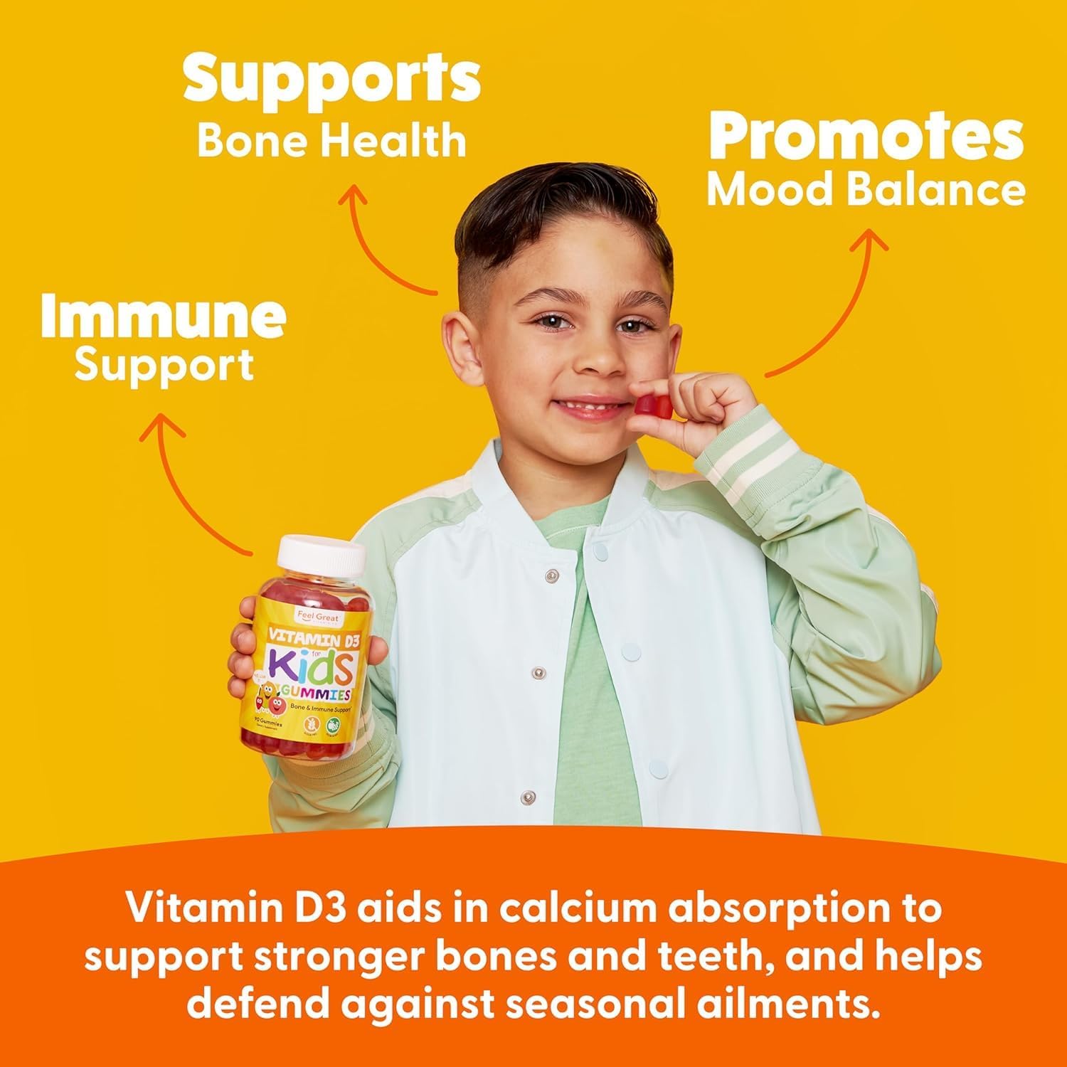 Feel Great Kids Vitamin D3 Gummies - Citrus Flavored Vegetarian Gummies for Healthy Bones & Immune Support - 1000 IU - 2 Pack