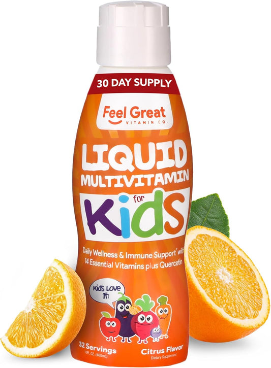 Feel Great Liquid Multivitamin for Kids - Orange Flavored Vegetarian & Sugar Free - Essential Kids Vitamins & Immune Support - 30 Day Supply