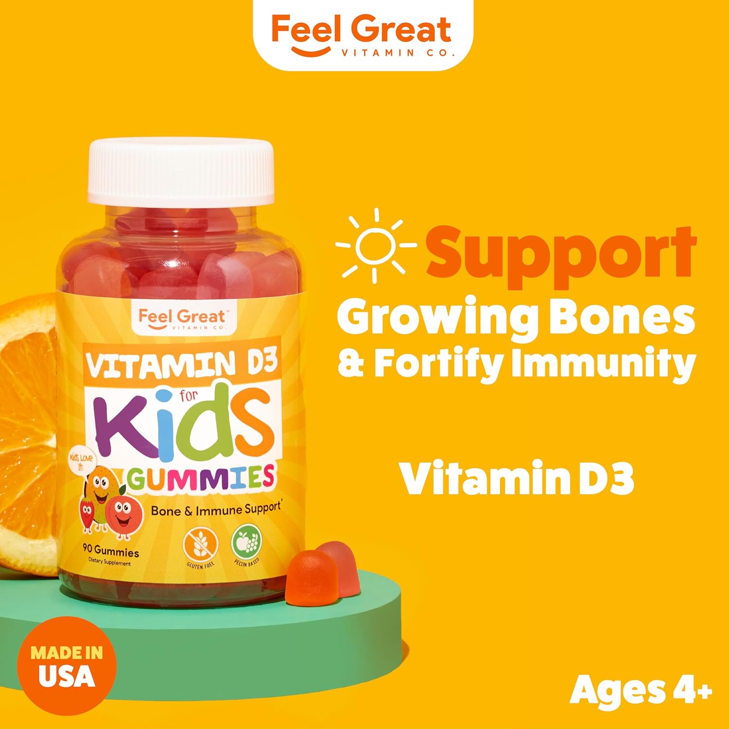 Feel Great Vitamin Co. Kids Vitamin D3 1000IU Gummy Supplements | 60-Day Supply | Plant-Based Gummies for Strong Bones, Teeth, and Immune System Support*