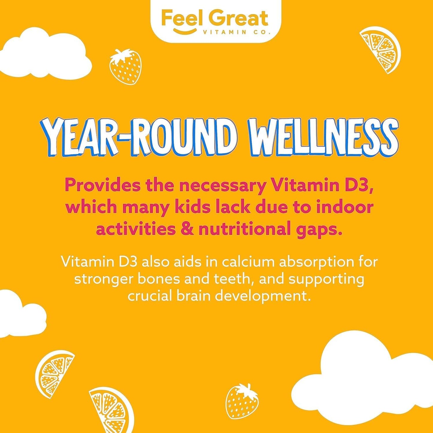 Feel Great Vitamin Co. Kids Vitamin D3 1000IU Gummy Supplements | 60-Day Supply | Plant-Based Gummies for Strong Bones, Teeth, and Immune System Support*