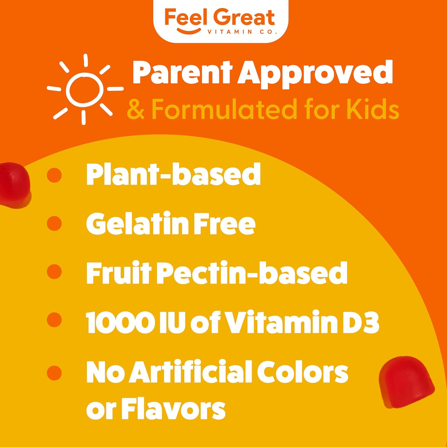 Feel Great Vitamin Co. Kids Vitamin D3 1000IU Gummy Supplements | 60-Day Supply | Plant-Based Gummies for Strong Bones, Teeth, and Immune System Support*