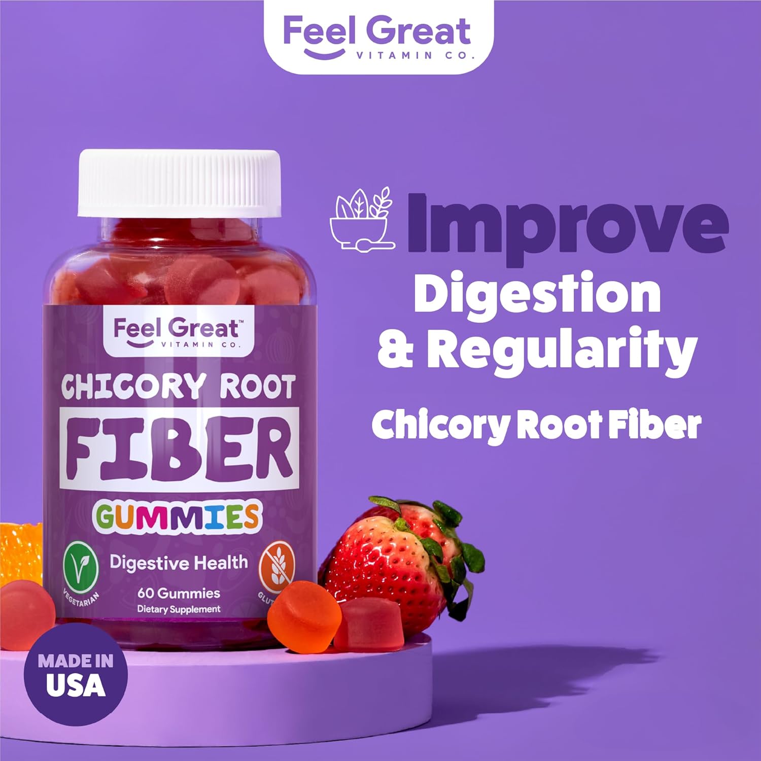 Feel Great Vitamin Co Prebiotic Fiber Gummies (60 Count) for Digestive Health & Immunity - Vegetarian & Vegan Friendly Chewable Supplement