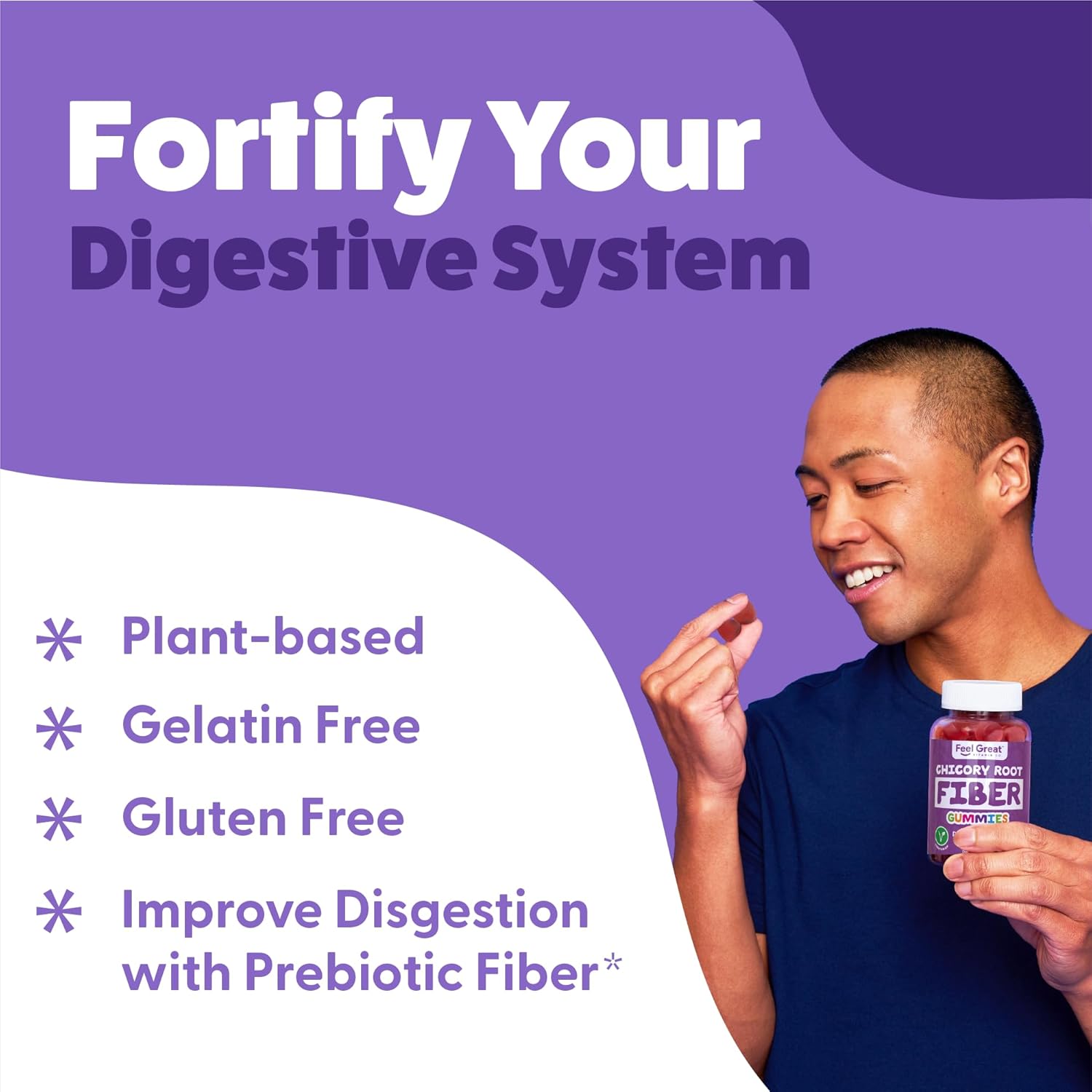 Feel Great Vitamin Co Prebiotic Fiber Gummies (60 Count) for Digestive Health & Immunity - Vegetarian & Vegan Friendly Chewable Supplement