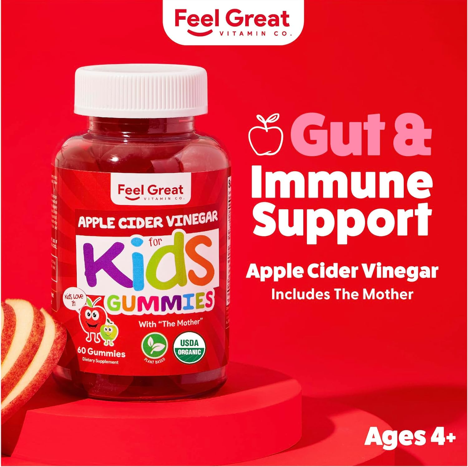 Feel Great Vitamins Organic Kids Apple Cider Vinegar Gummies | Supports Digestive Health with Natural Antioxidants | 60 Day Supply of Kids Gummy Vitamins