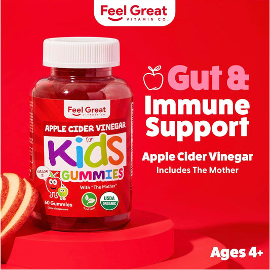 Feel Great Vitamins Organic Kids Apple Cider Vinegar Gummies | Supports Digestive Health with Natural Antioxidants | 60 Day Supply of Kids Gummy Vitamins