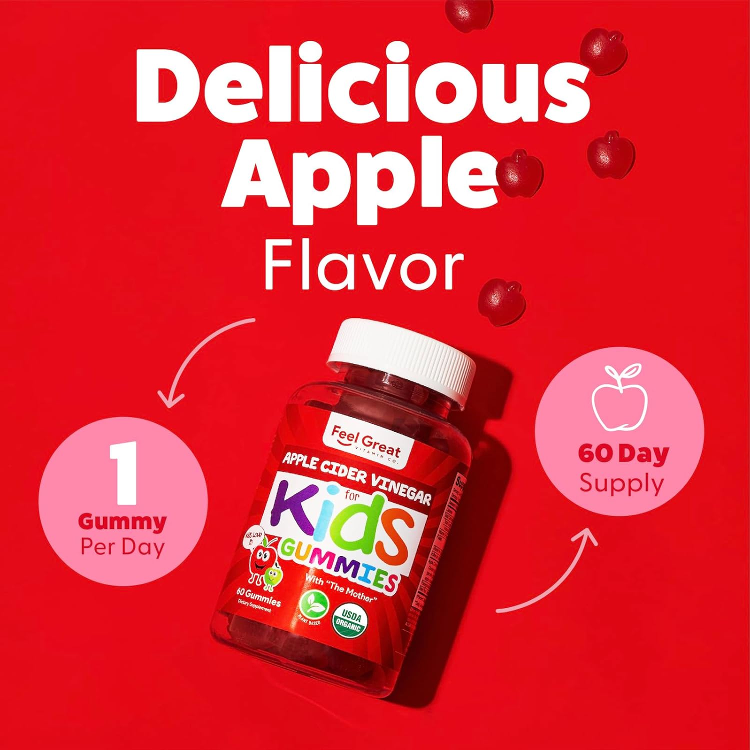 Feel Great Vitamins Organic Kids Apple Cider Vinegar Gummies | Supports Digestive Health with Natural Antioxidants | 60 Day Supply of Kids Gummy Vitamins