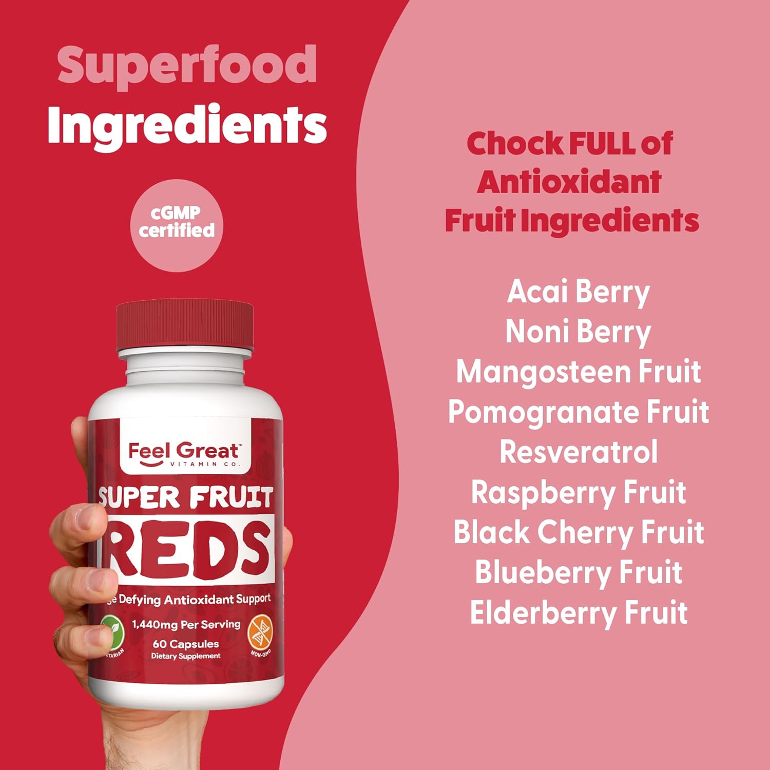 Feel Great Vitamins Superfruit Reds: Antioxidant Superfood for Anti-Aging & Immune Support - Acai, Mangosteen, Pomegranate, Blueberry - 60 Capsules