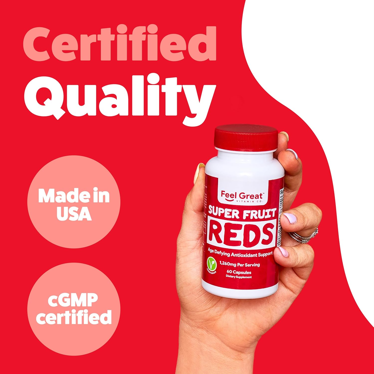 Feel Great Vitamins Superfruit Reds: Antioxidant Superfood for Anti-Aging & Immune Support - Acai, Mangosteen, Pomegranate, Blueberry - 60 Capsules