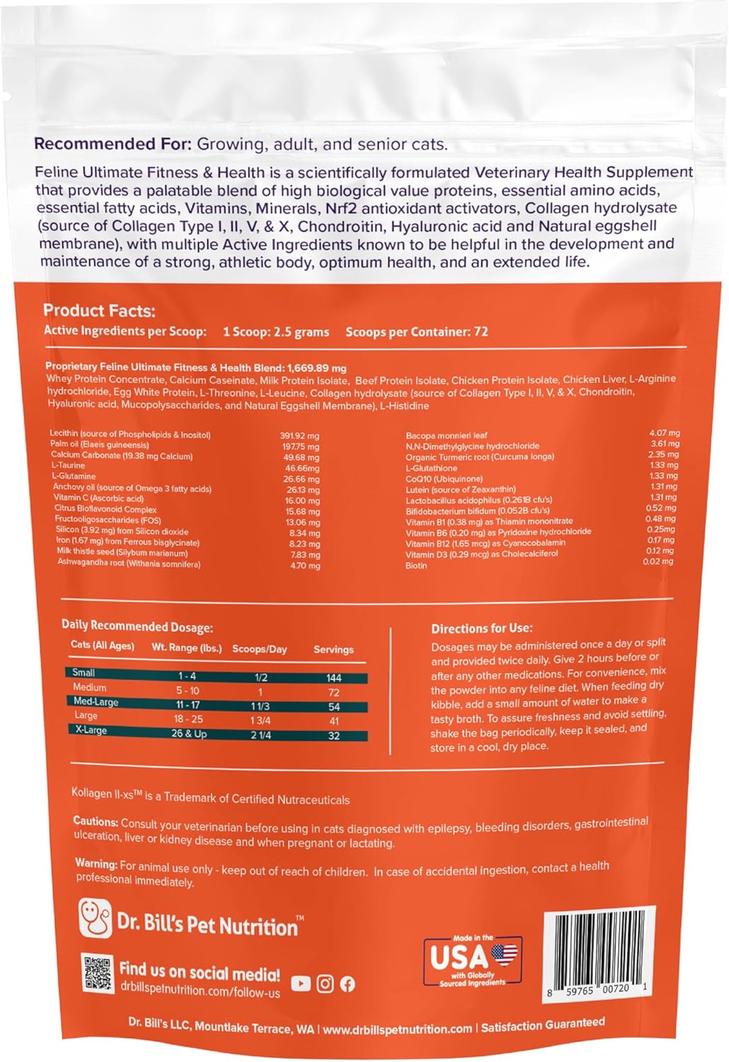 Feline Ultimate Fitness & Health Cat Multivitamin Powder | Joint Health, Weight Control, Wellness | Vitamin B1, B6, B12, D3, Omega 3s, Collagen, Biotin | All Ages