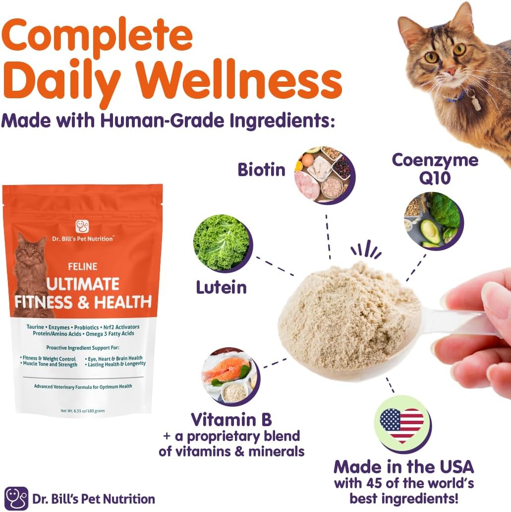 Feline Ultimate Fitness & Health Cat Multivitamin Powder | Joint Health, Weight Control, Wellness | Vitamin B1, B6, B12, D3, Omega 3s, Collagen, Biotin | All Ages