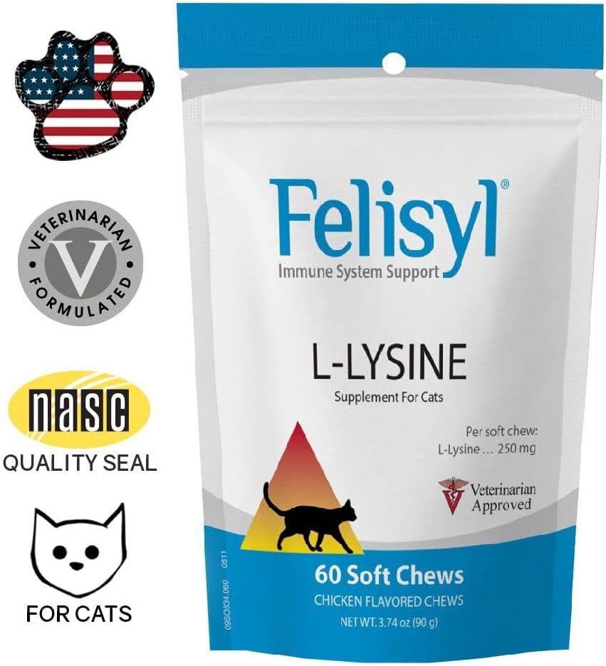 Felisyl Immune System Support Soft Chews for Cats - L-Lysine Amino Acid - Promotes Antibody Production - Supports Healthy Tissue, Respiratory Health, and Vision - Chicken Flavored - 180 Chews